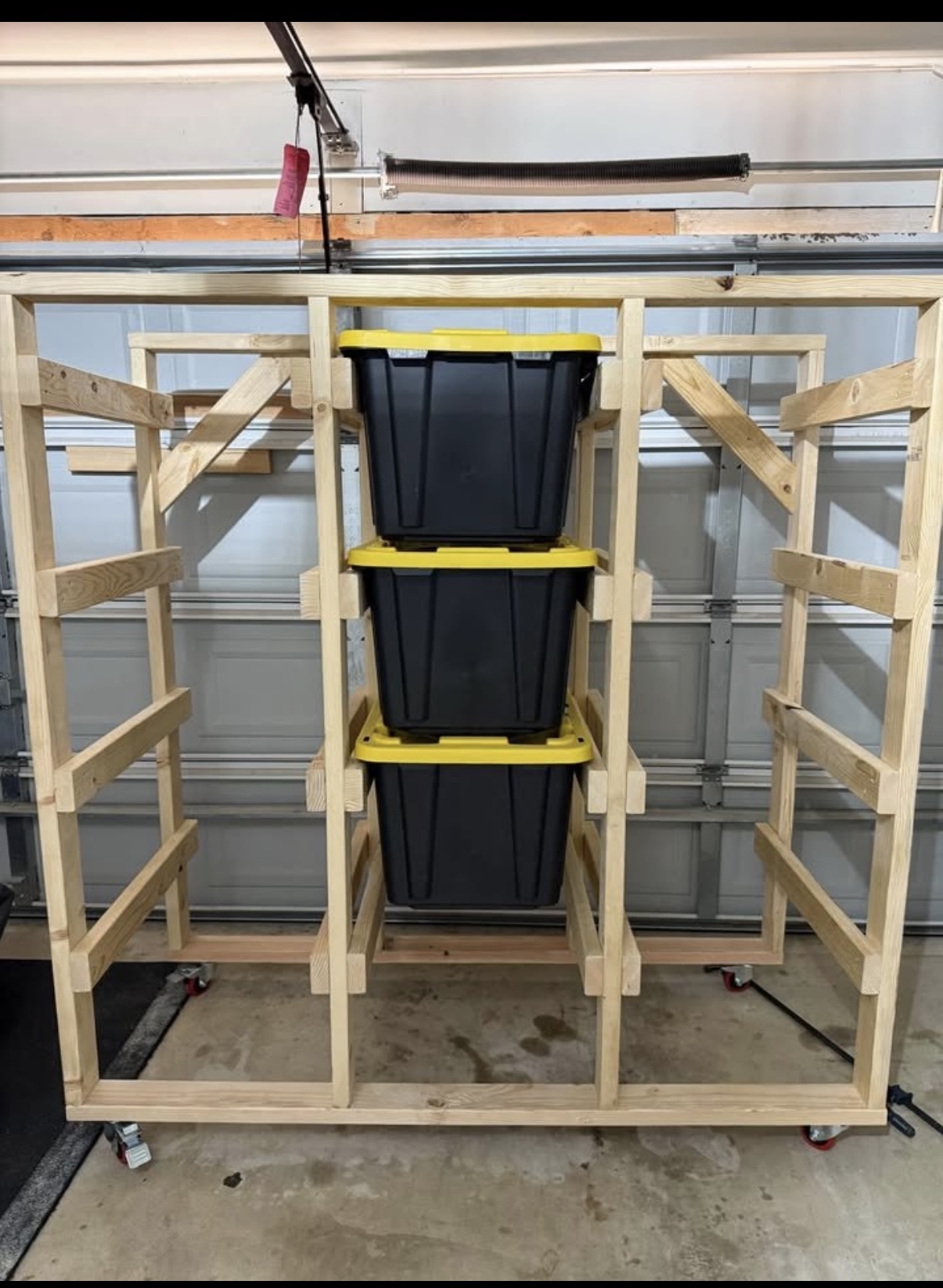 Custom garage storage rack with black bins